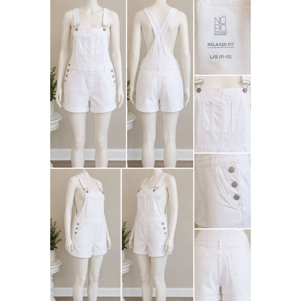 No Boundaries Women’s White Denim Short Overalls Size L 11-13 Relaxed Fit